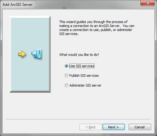 Open ArcCatalog. Double Click on Add ArcGIS Server At the prompt check that Use GIS services is checked and click Next Enter the Server URL http://elevation.