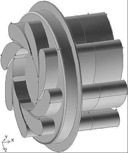 Figure D4 The 3-D model showing the vane geometry extruded beyond the impeller hub Step 5: The shell volume thickness is