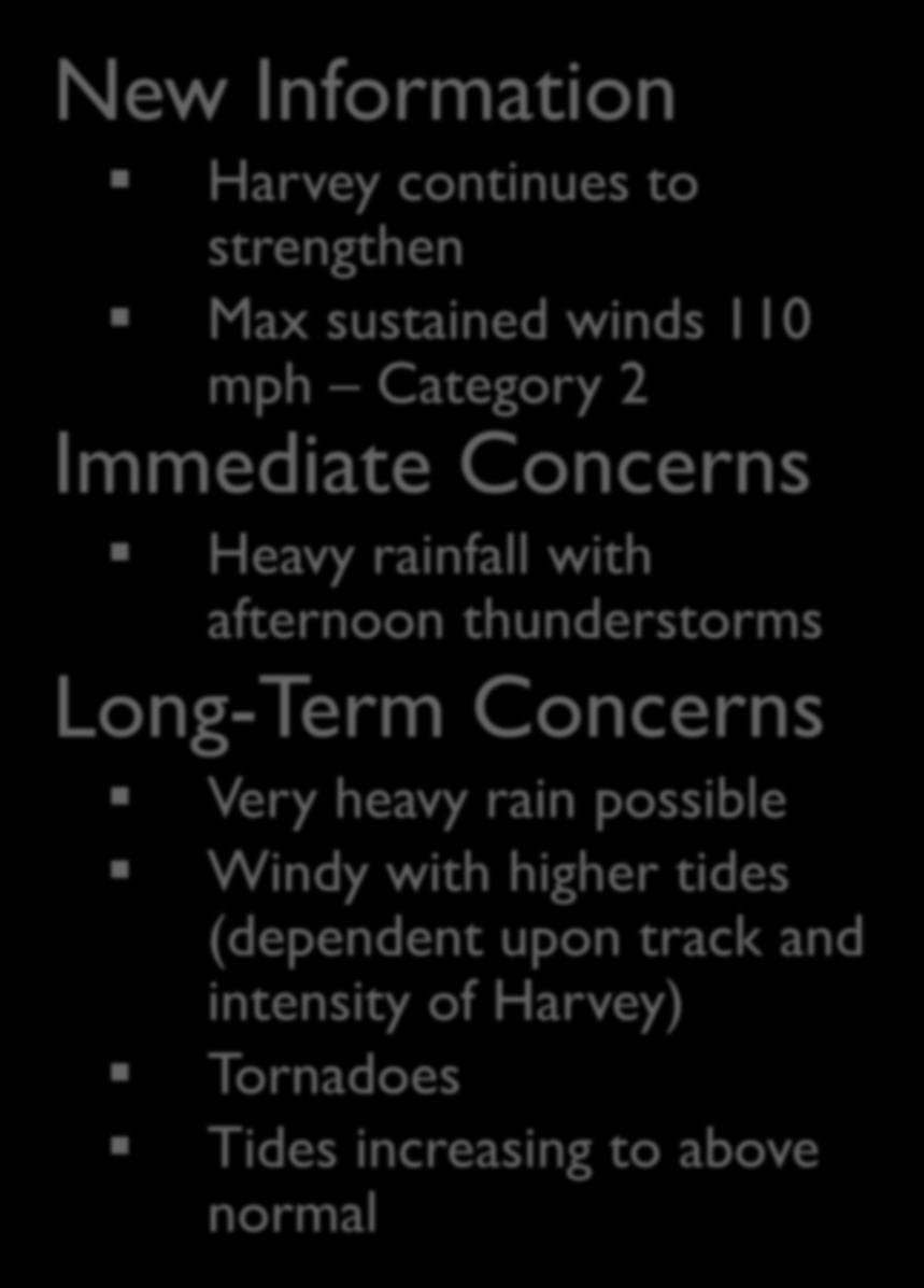 Situation Overview New Information Harvey continues to strengthen Max sustained