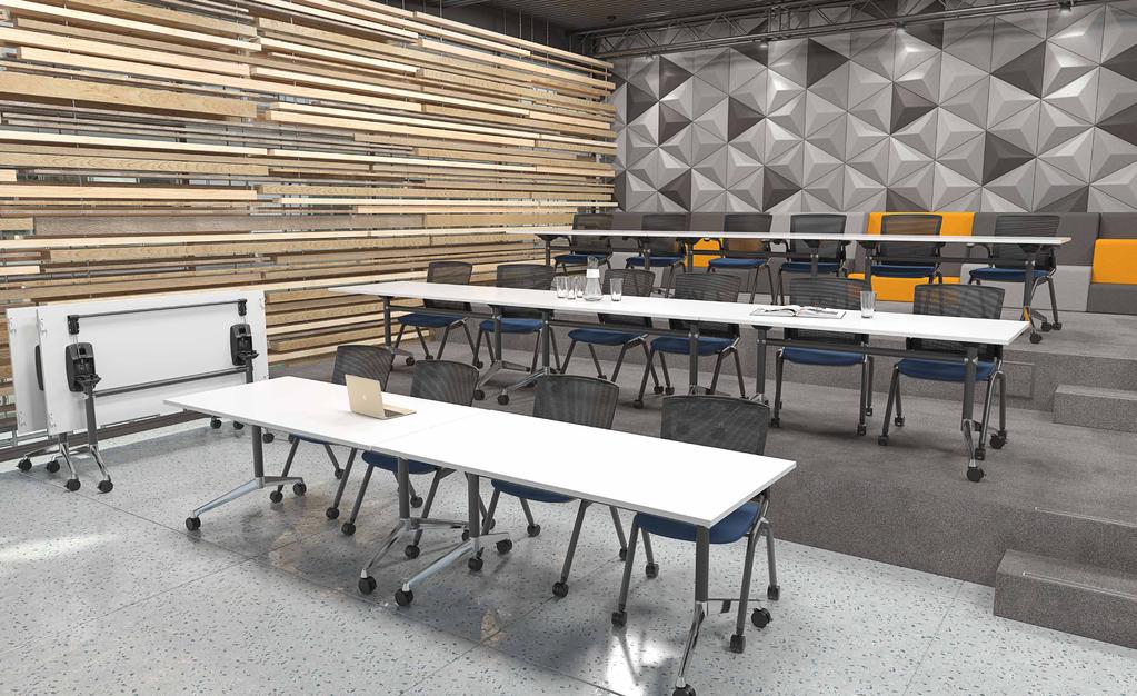 Flip tables are easily reconfigured allowing for flexible working areas, training zones or