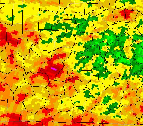 The wettest spot was in Hardin County in Kentucky. Here are specific values for major airports: Louisville 1.46 inches, 1.87 inches below normal; Lexington 2.15 inches, 1.