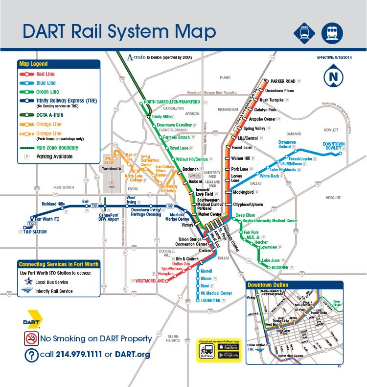 DART Dallas Metropolitan Area The Dallas Area Rapid Transit (DART) light rail system consists of more than 90 miles of track along four lines: Red (opened 1996 and completed in 2002), Blue (opened in