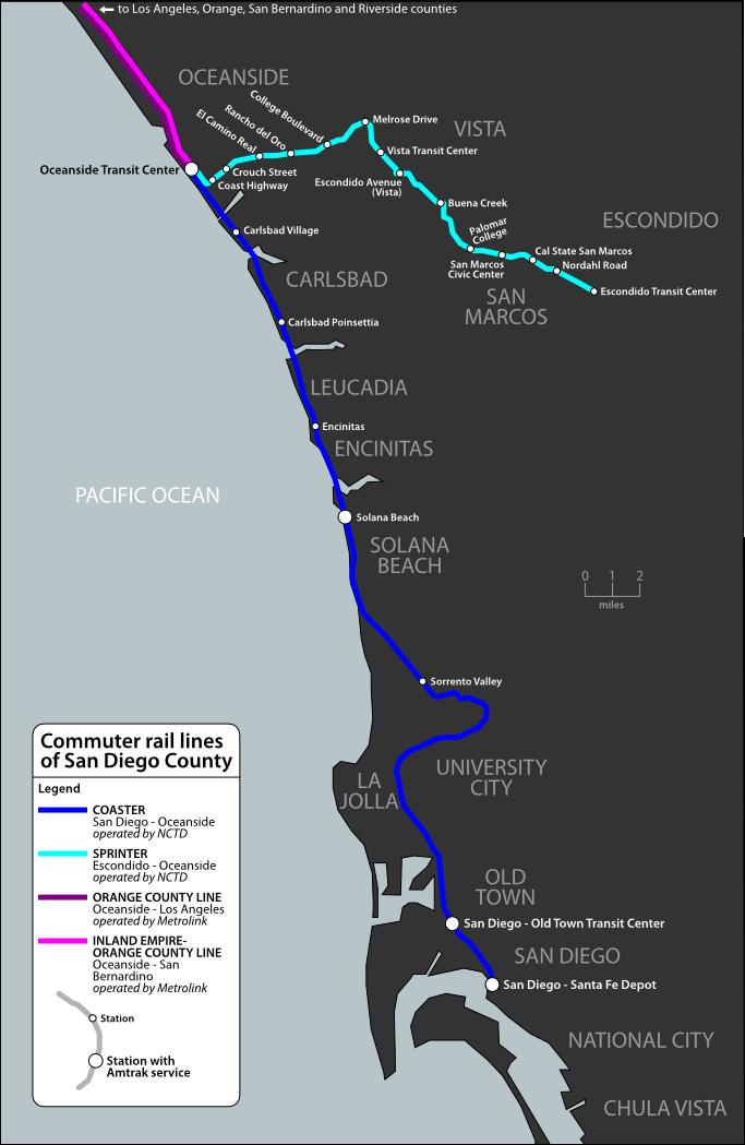 The Coaster is a commuter rail service that since 1995 provides service to the central and northern coastal regions of San Diego County, California.