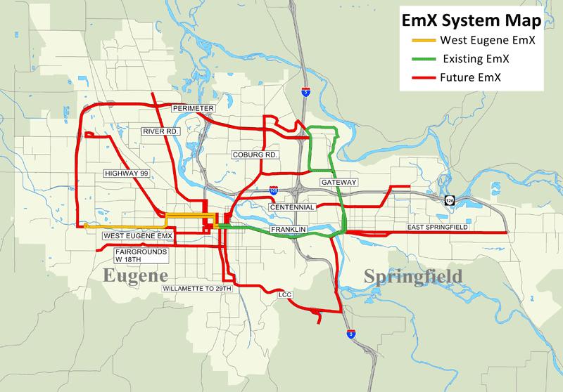 Eugene-Springfield EmX The Emerald Express (EmX) is a bus rapid transit (BRT) system serving the Eugene-Springfield metropolitan area that is operated by the Lane Transit District.