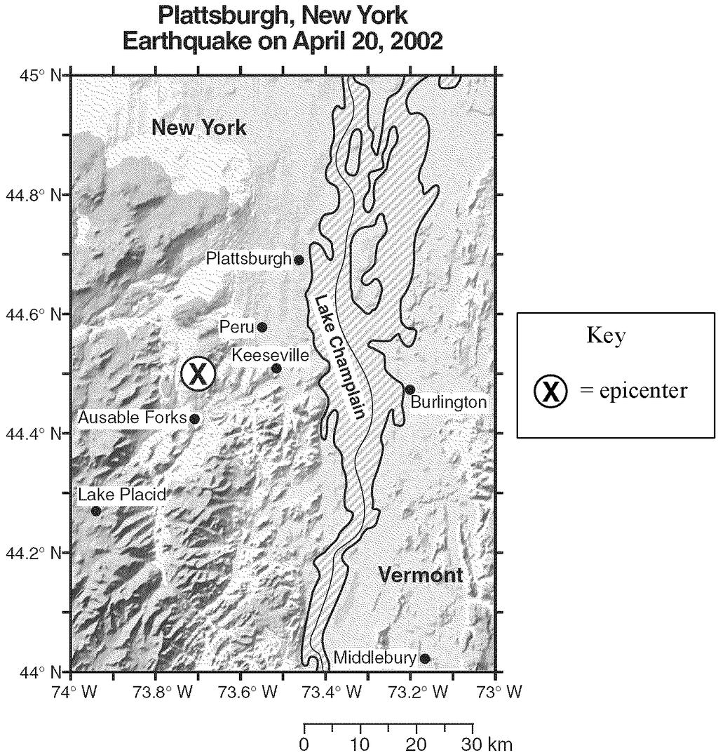 Base your answers to questions 39 through 42 on the map below which shows the location of the epicenter of an earthquake that occurred on April 20, 2002, about 29