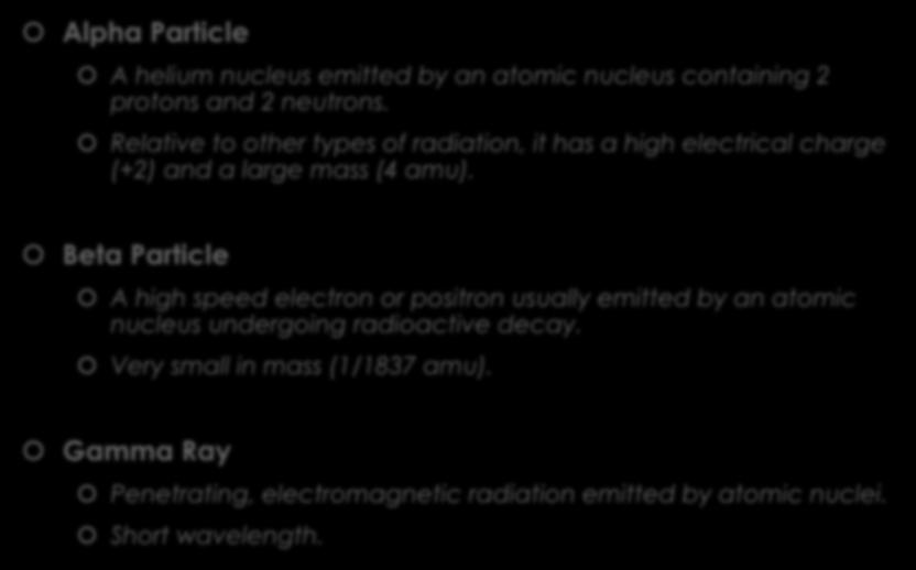 Major Types of Ionizing Radiation Alpha Particle A helium nucleus emitted by an atomic nucleus containing 2 protons