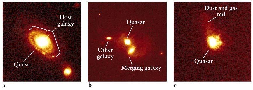 Quasars are the ultraluminous centers of distant galaxies. Quasars are often observed to be at the center of distant galaxies.