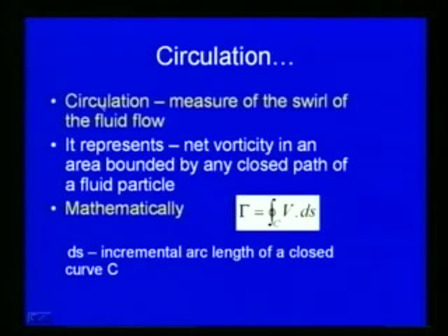(Refer Slide Time: 12:54) So, it is generally considered as the measure of swirl of the fluid flow; so, and it represents the net vorticity in an area bounded by any closed path of the