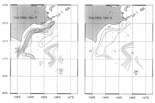 Sea ice, water mass and freshwater processes/coastal lagoons. Fig. Examples of the temperature ( o C, left column) and salinity (right column) fields of the East okkaido Warm Current.