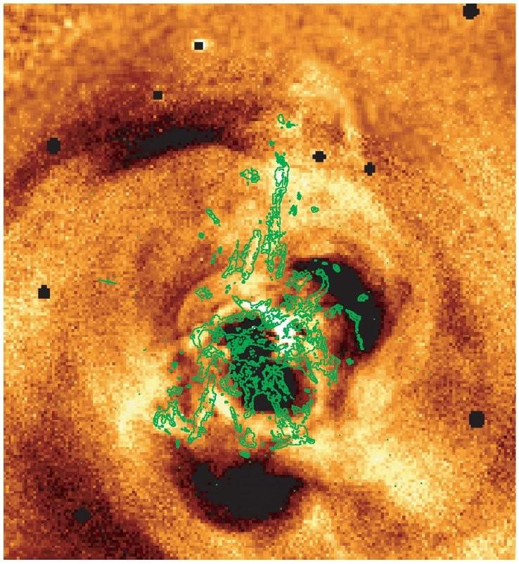 Radio jet-driven outflows Molecular gas lifted with hot gas in updraft Hα emission (104 K) But how can radio bubbles lift dense molecular gas?