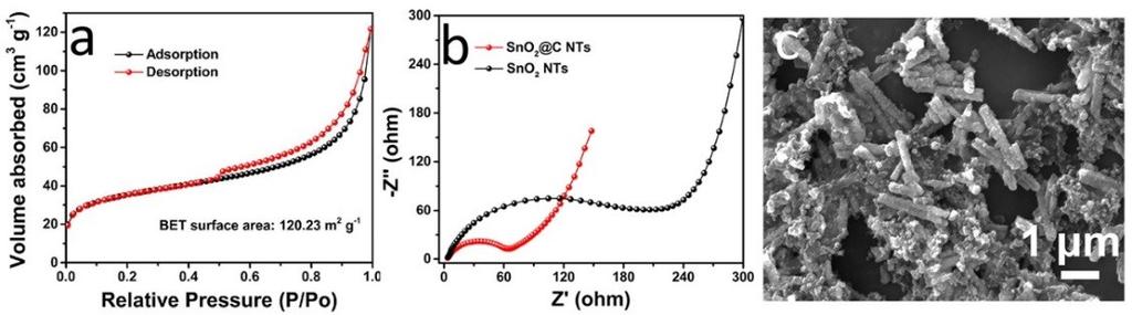 Fig. S7 (a) N 2 adsorption-desorption isotherms of SnO 2 nanotubes; (b) Nyquist plots of SnO 2 @C nanotubes and SnO 2 nanotubes; (c) SEM image of SnO 2 @C nanotubes after cycling for 100 cycles under