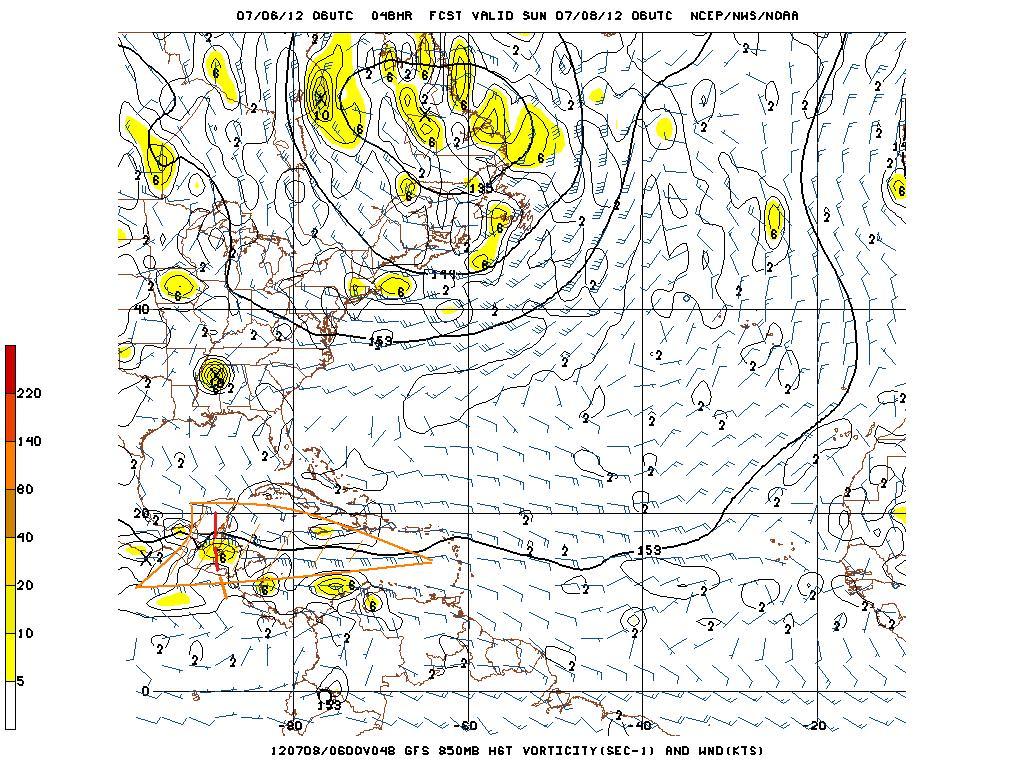 Also depicted is the surge of strong winds at the low level in the easterlies accompanying the tropical wave.
