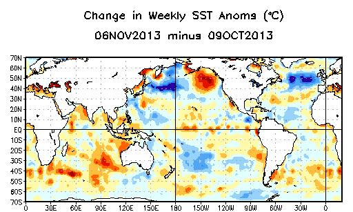 Weekly SST Departures ( o C) for the Last Four Weeks During the last month, negative SST