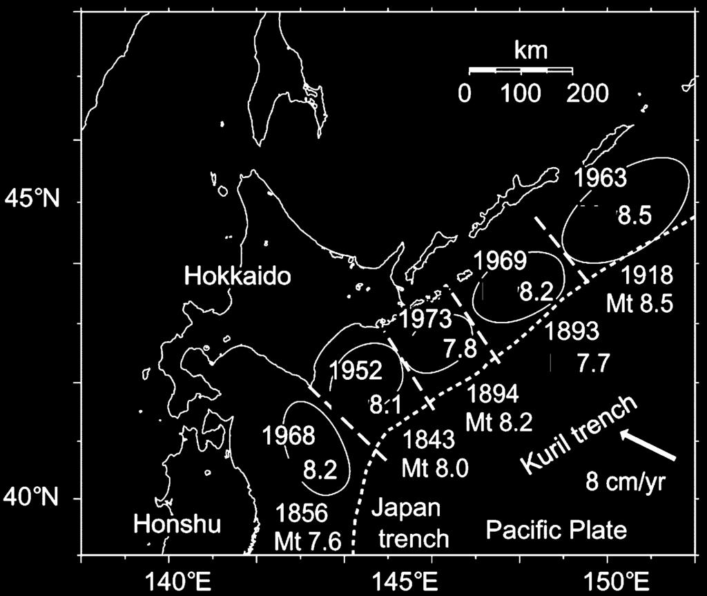 Kenji Satake M Fig. 3. Source regions of great interplate earthquakes along the southern Kuril trench. The 1968 and 1856 earthquakes occurred around the corner of Kuril and Japan trenches.