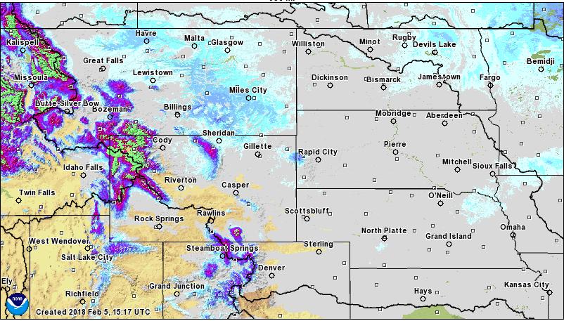 Figure 7. February 5, 2018 NOHRSC modeled plains snow water equivalent. Source: NOAA National Operational Hydrologic Remote Sensing Center. http://www.nohrsc.nws.gov/interactive/html/map.