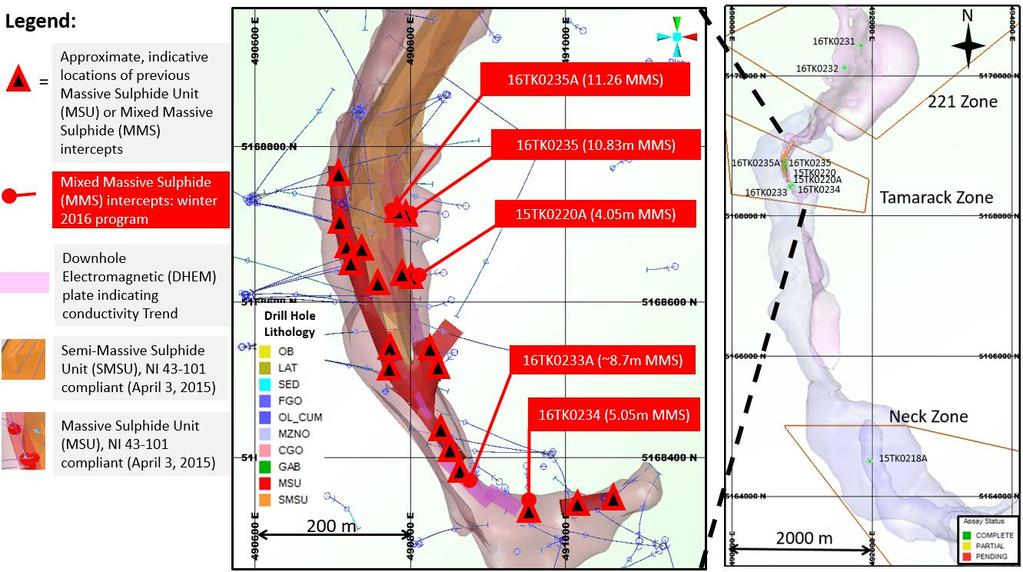 Figure 3: Plan View of the Massive Sulphide Unit (MSU), Semi-Massive Sulphide Unit (SMSU), Downhole Electromagnetic (DHEM) plates and approximate locations of Mixed Massive Sulphide (MMS), MSU and
