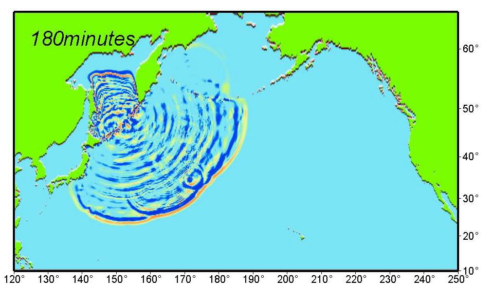 6. Bathymetry around Pacific and seven snapshots of the tsunami propagation of