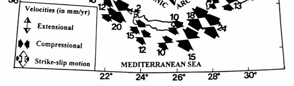 The main character of this map is the large deformation values which are observed at the southern Aegean plate, where