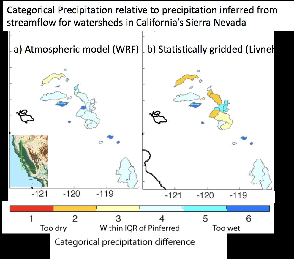 Estimating precipitation and other hydrologically relevant forcings with dynamical downscaling High-resolution (~4 km) regional atmospheric models (e.g., WRF) forced by reanalysis datasets can outperform statistically gridded datasets in estimating annual high-elevation precipitation, particularly where in situ data is sparse 1,2,3.