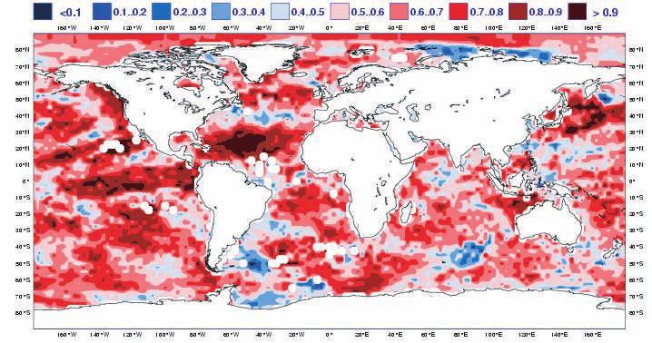 a) Monthly Forecast b) Monthly forecast - Persistence Figure 79: ROC score over each ocean point of the probability that the sea surface temperature averaged from days 19 to 32 is in the upper