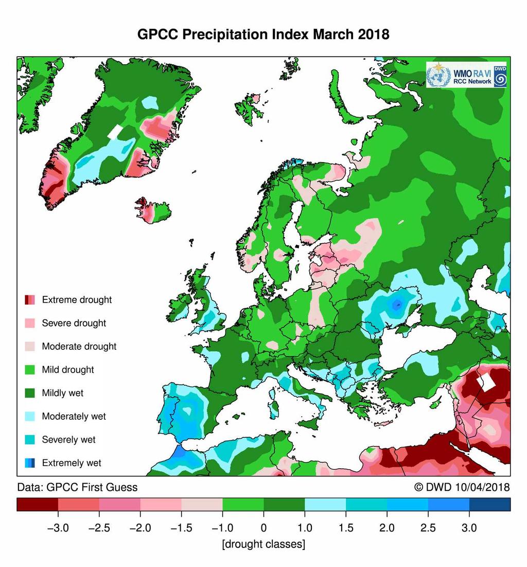 Météo-France DCSC May 2018 14 sur 44 fig. I.2.8: GPCC Precipitation Index, http://www.dwd.de/rcc-cm. Monthly mean precipitation anomalies in European subregions.