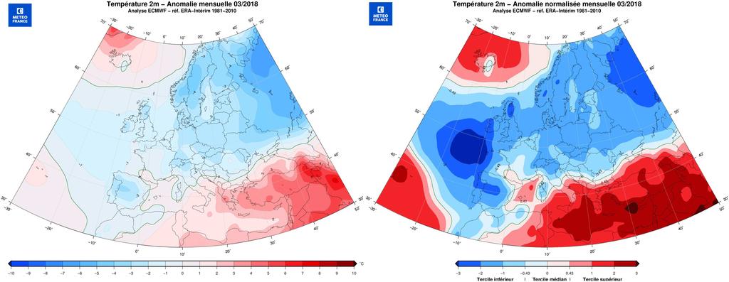 c Temperature Strong negative anomaly from western Europe to Siberia (consistent with negative NAO and positive EAWR indices), along with a strong positive anomaly from the Middle-East to Central