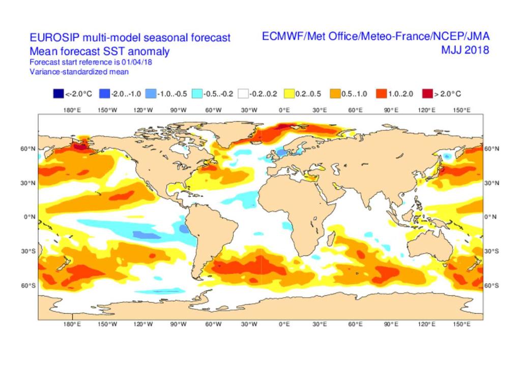 Météo-France DCSC May 2018 21 sur 44 fig.ii.1.4: SST Forecasted anomaly from Euro-SIP II.1.b ENSO forecast : Forecast Phase: back to a neutral phase as of late April.