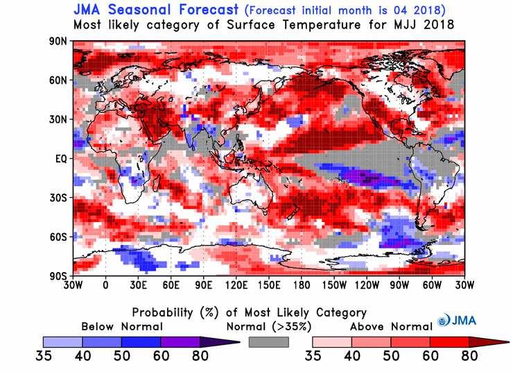 Météo-France DCSC May 2018 30 sur 44 II.3.c Japan Meteorological Agency (JMA) fig.ii.3.3: Most likely category of T2m. Categories are Above, Below and Close to Normal.