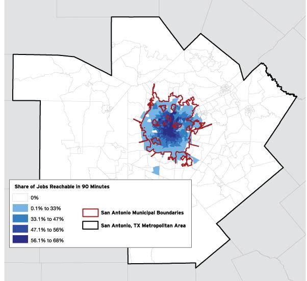 San Antonio Figure C. For each block group, tracts reached within 90 minutes are flagged and the jobs in these census tracts are aggregated.