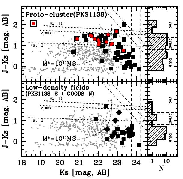 Massive starbursts in proto-cluster : 24um-source SF galaxies in the proto-cluster show redder colours and higher M* (>10 11 M )