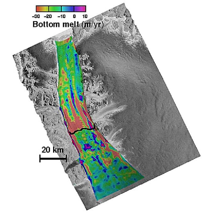 Channelized basal melt on Petermann Glacier in NW Greenland.