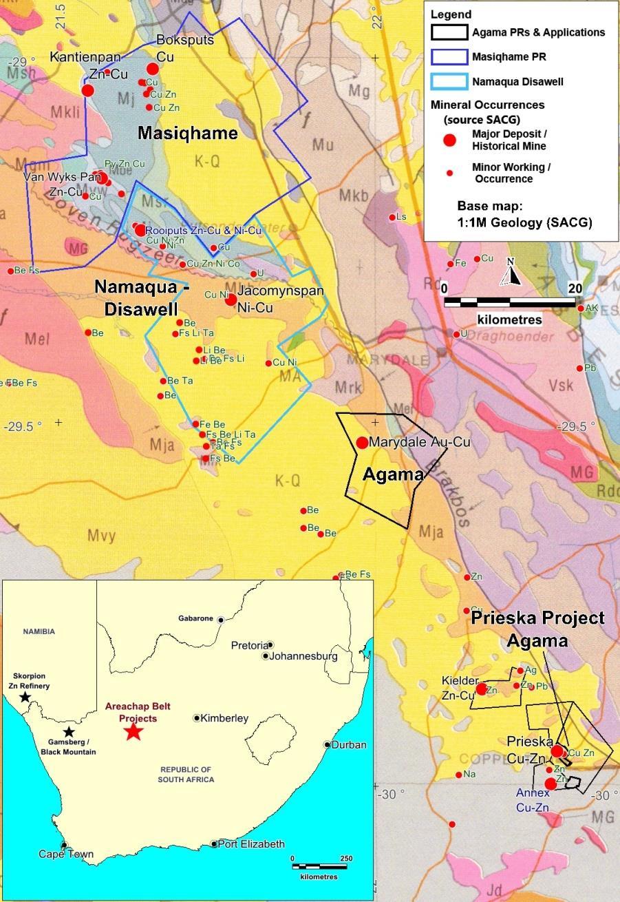 Figure 1: Locality plan for the 962km 2 SkyTEM (AEM) survey area. The contact with the geological unit indicated in green on the right hand diagram represents the priority target area.