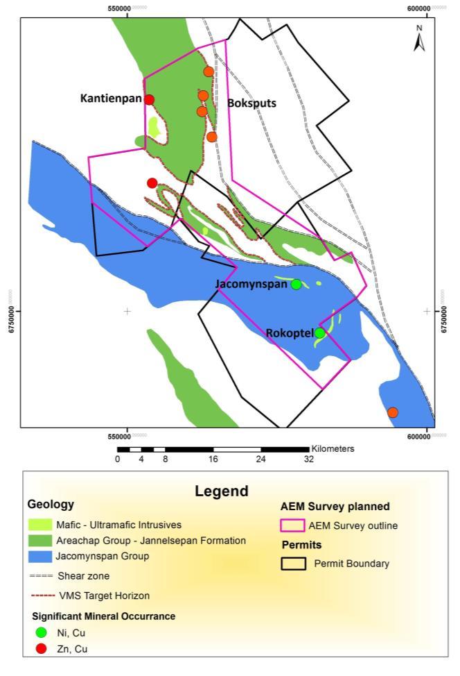 Where the survey covered the known VMS deposits Kantienpan and Boksputs and the Jacomynspan Magmatic Ni-Cu deposit, conductors were detected, proving AEM to be effective for these deposits in the