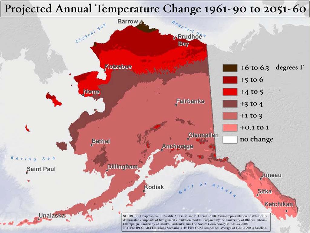 Climate Change Influence Map shows spatial warming pattern Larger projected temperature increase in Brooks Range could