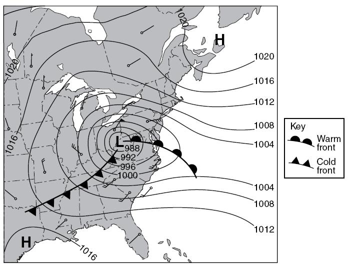 25. The weather map below shows the locations of a warm and a cold front over part of North America.. a. The numbered lines on the weather map connect locations with the same B b.