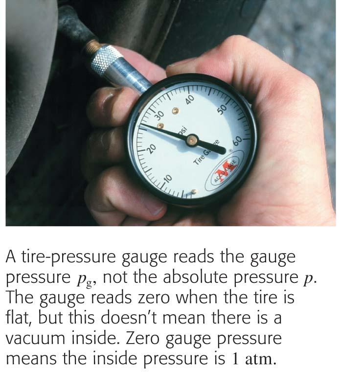 Gauge Pressure Pressure gauges, such as tire gauges and blood pressure monitors, measure not the actual or absolute pressure p but what is called gauge pressure p g. where 1 atm = 1.01 10 5 Pa.