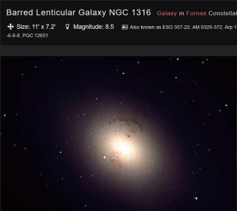 Start the hunt with Fornax A, NGC 1316, a large