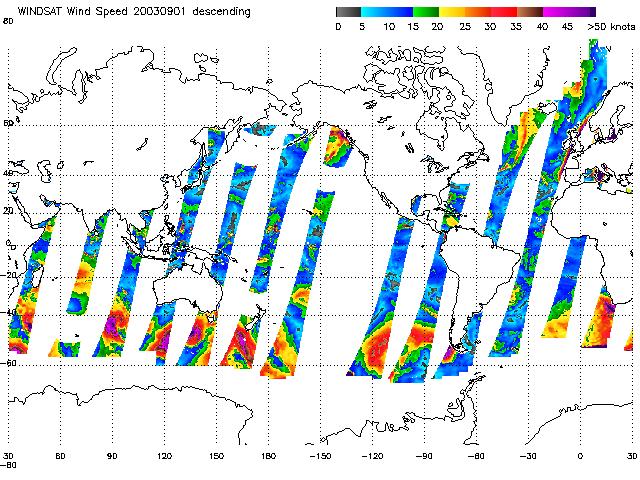 Sample picture of WindSat wind speed from a preliminary wind vector