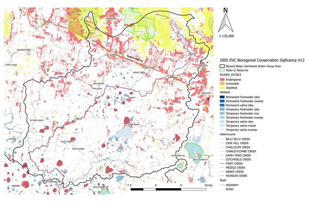 H12 This map shows the Bioregional Conservation status of the EVC s which currently exist across the catchment.