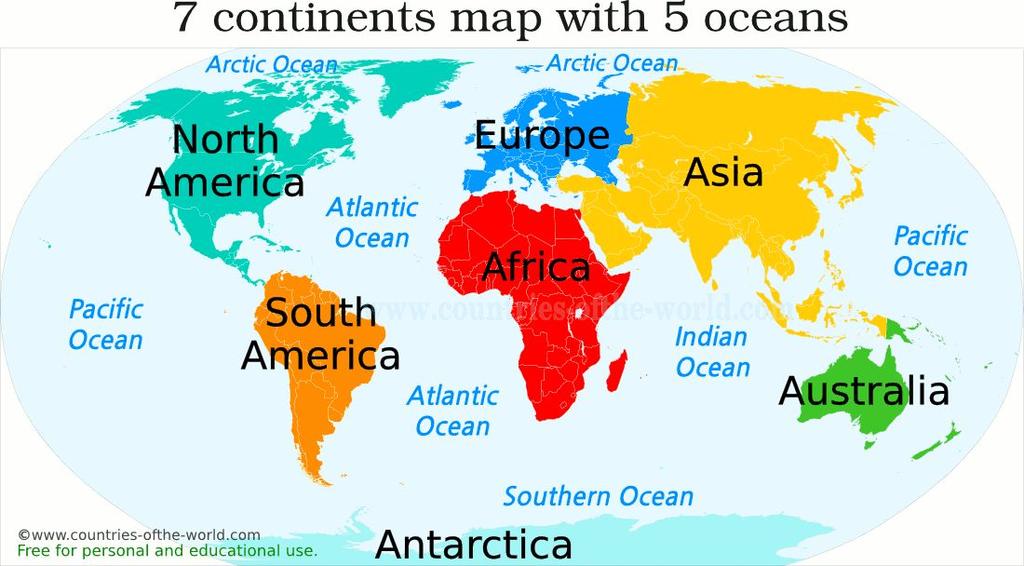 Countries and Continents: The seven continents are the seven main land areas on Earth, which include: North America, South America, Europe, Asia, Africa, Australia, and Antarctica.