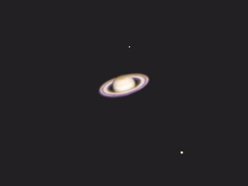 Avid Amateur Astronomer Jerry Oltion took this wonderful image of Saturn and two of its moons through his new