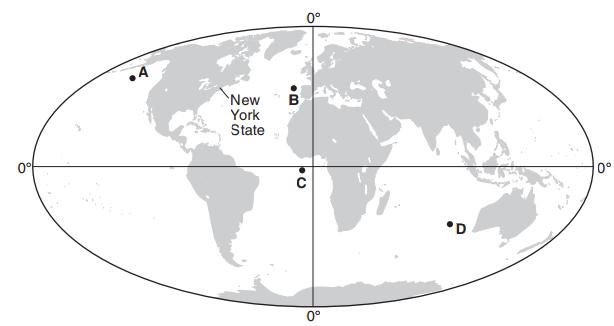 4. The map shows the present-day positions of the continents. Points A through D represent locations on Earth s surface. The location of New York State on the North American continent is indicated.