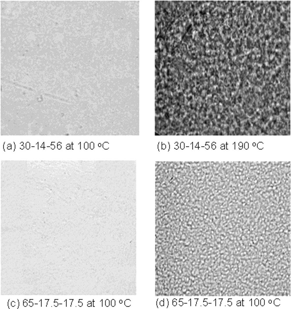 MISCIBILITY AND HYDROGEN BONDING BEHAVIORS 123 igure 10 Optical micrographs of phenolic/phenoxy/pvph blends with various compositions and difference temperature: (a) 30-14-56 at 100 C, (b) 30-14-56