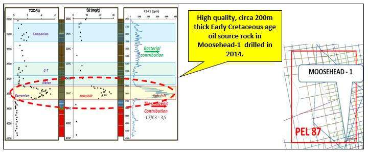 Figure 2. High Quality oil source rocks in Moosehead-1 are Oil Mature in PEL 87.