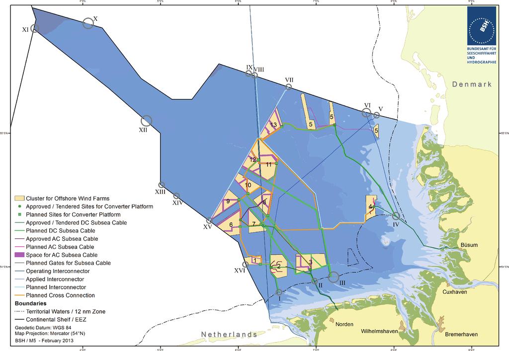 2.2 Accompanying Strategic Environmental Assessment 13 2.. Fig. 2.2 Spatial Offshore Grid Plan for the German Exclusive Economic Zone of the North Sea 2012.