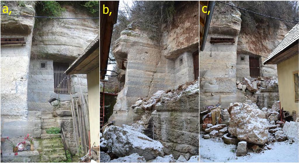 a) panoramic view; b) detail of distorted pillar: B1 original width, B2 current width of rock pillar (photo: Kralovičová, 2013). Tab. 1. Fyzikálne vlastnosti tufu z Brhloviec. Tab. 1. Physical characteristics of tuff from Brhlovce.