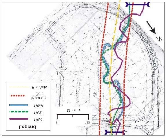 Figure 3.4: Accounting historic planform information, the meander belt was defined for an unconfined section of Joshua Creek in Oakville. 3.6.