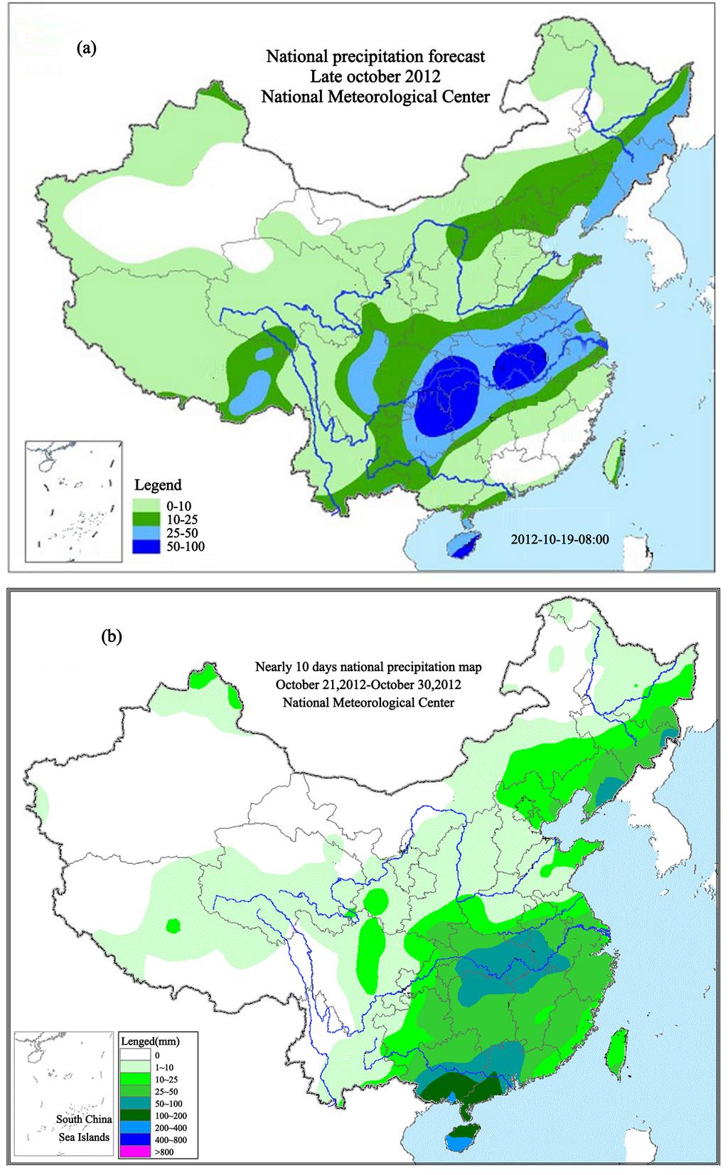 R. Yao et al. Figure 6. Forecast (a) and actual (b) precipitation in late October (unit: mm).