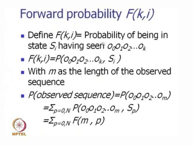 (Refer Slide Time: 01:44) We remember we defined F k i as the probability of being in state S i having seen O naught O 1 O 2 up to O k, which is the observation sequence up to the K th times step.