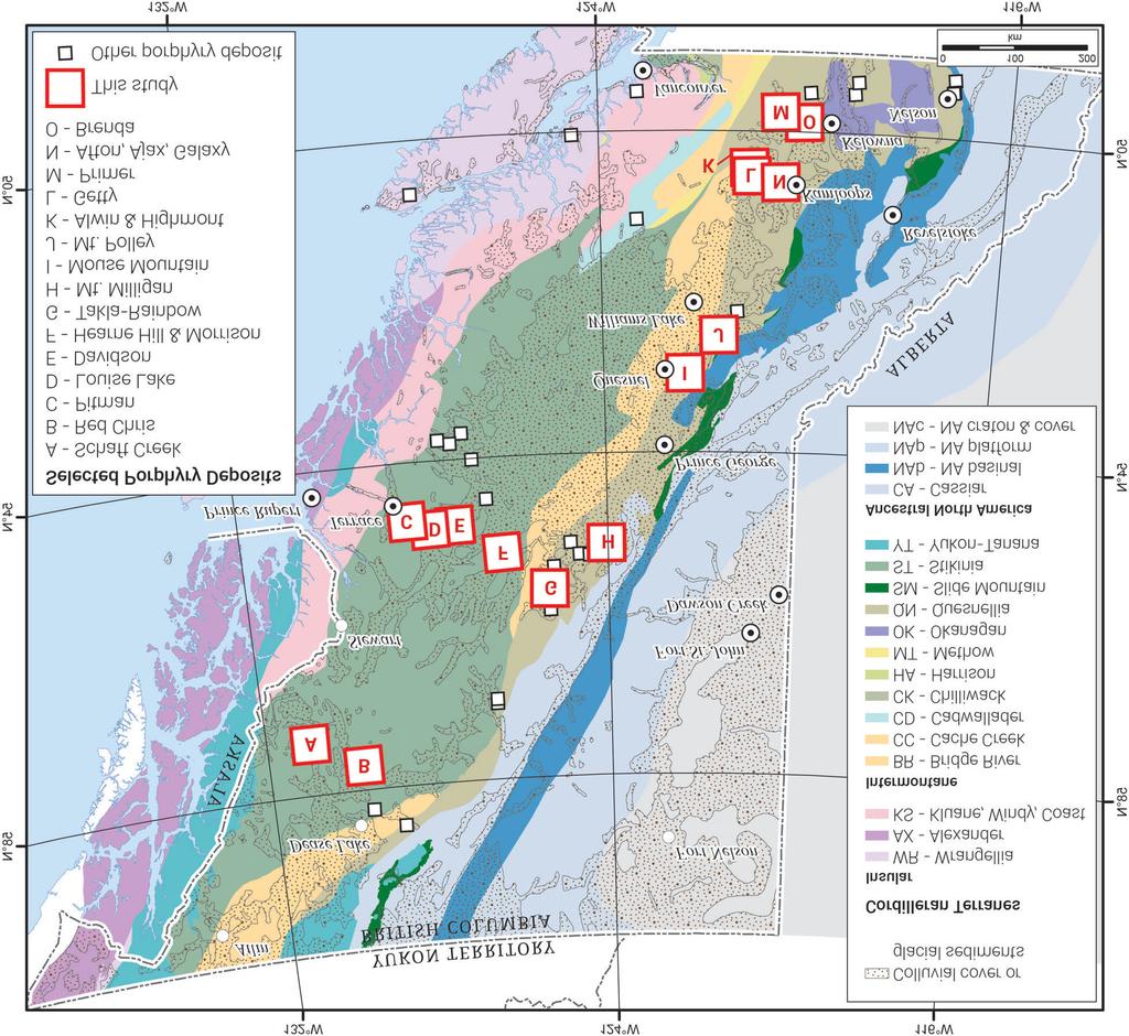 Topographic factors include a general expression of relief (steep, moderate or slight). Deposits selected for delivery as geochemical-data compilations for this project are shown in bold text.